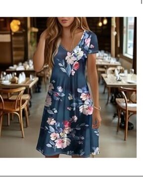 Floral V-Neck Navy Short Sleeve Dress
